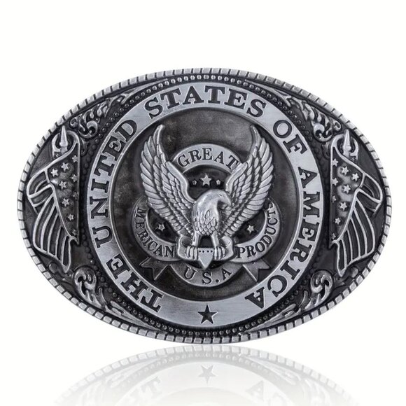 United States of America Bald Eagle Belt Buckle,‎ Flag, USA, Antique Silver Tone - Picture 2 of 3